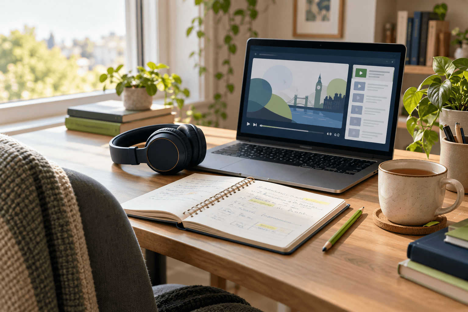 Escritorio con cuaderno, auriculares y una lección de idiomas en un portátil