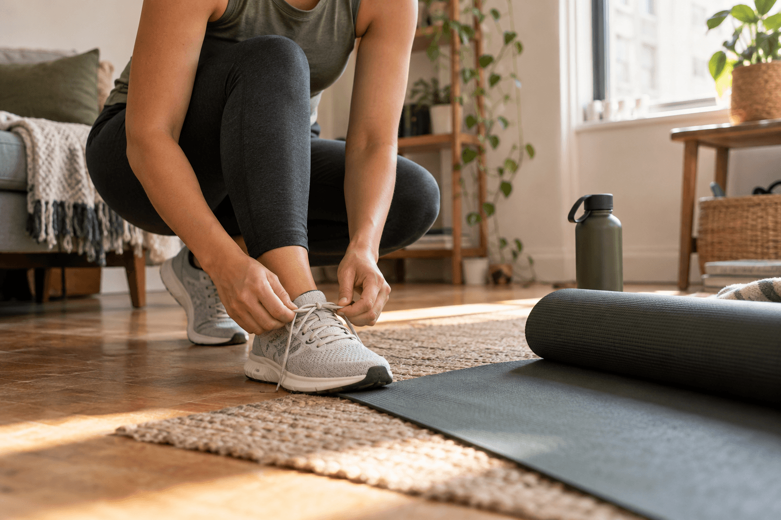 Persona atándose las zapatillas antes de hacer ejercicio en casa